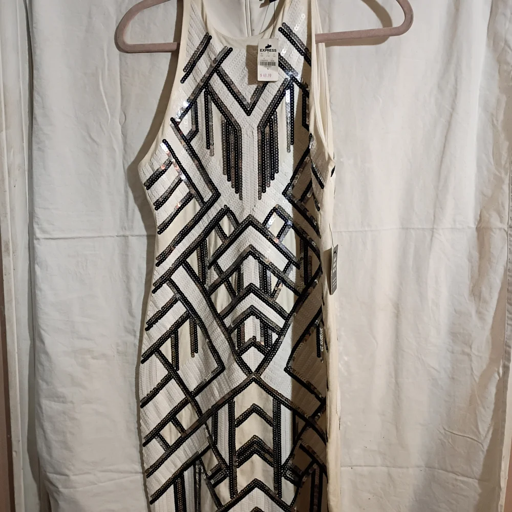Express White and Black Asymmetrical Sequin Dress - Picture 1 of 3